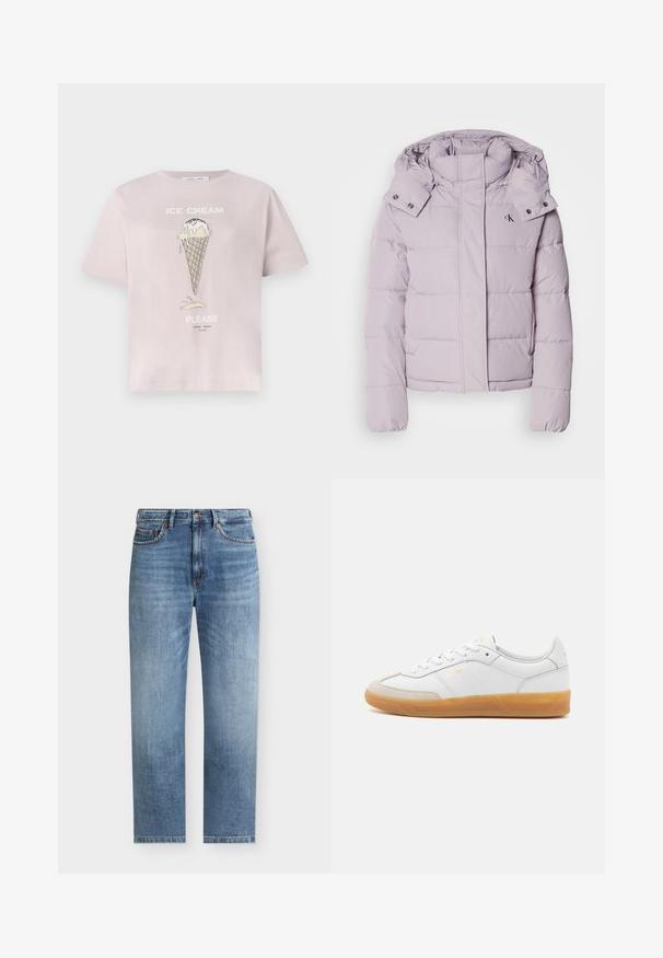 Veste doudoune lavande claire avec capuche amovible, fermeture éclair à l'avant et manches élastiquées. Présente un logo sur la poitrine et un design matelassé.; T-shirt en coton rose clair avec un motif de glace en cornet avec des coulures. Le texte indique "GLACE S'IL VOUS PLAÎT" en blanc. Manches courtes, coupe décontractée.; Jean denim bleu clair coupe droite, cinq poches, fermeture par bouton et détails subtilement délavés sur l’avant des cuisses.; Baskets en cuir blanc avec des accents en suédine beige, semelle en caoutchouc gomme et design à lacets. Présente un logo discret en doré.