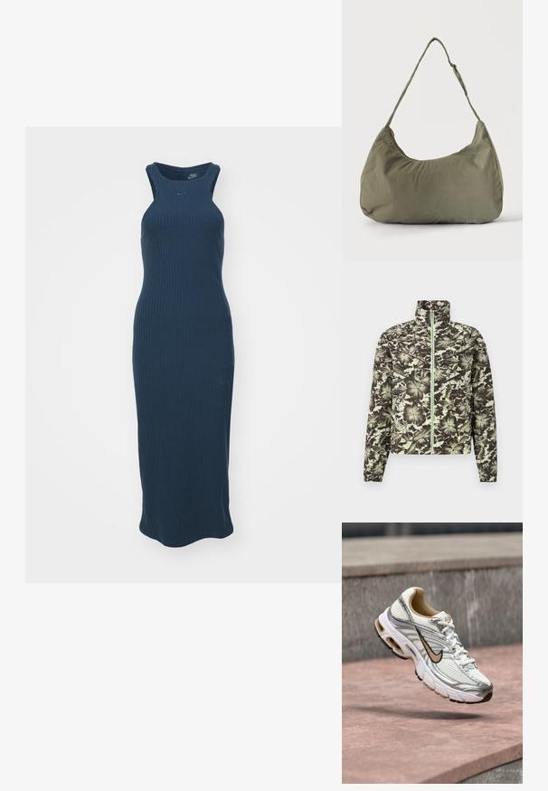 Blumenmuster-Jacke in gedämpftem Grün und Schwarz, mit Stehkragen, Frontreißverschluss und elastischen Bündchen für eine figurbetonte Silhouette.; Navy-blaues, geripptes Strick-Midi-Kleid mit ärmellosem Design, hohem Kragen und figurbetontem Schnitt. Verfügt über ein kleines Logo auf der Brust.; Weißer und silberner Nike Laufschuh mit beigem Swoosh-Logo, gezeigt schwebend über einer Steinoberfläche mit verschwommenem grauem Wandhintergrund.; Olivgrüne weiche Stoff-Schultertasche mit Reißverschluss und verstellbarem Tragegurt vor einfarbig hellem Hintergrund.