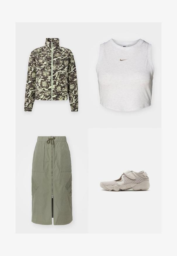 Blumenmuster-Jacke in gedämpftem Grün und Schwarz, mit Stehkragen, Frontreißverschluss und elastischen Bündchen für eine figurbetonte Silhouette.; Weißes Crop-Top aus weichem, strukturiertem Stoff. Verfügt über einen runden Ausschnitt und einen ärmellosen Schnitt mit einem kleinen goldenen Nike-Logo auf der Vorderseite.; Olivengrüner Midirock aus leichtem Stoff, mit einem Reißverschluss vorne, elastischem Taillenbund und großen Seitentaschen mit schrägen Klappen.; Hellbeiger Sportschuh mit Mesh-Obermaterial, verstellbarem Riemen und gepolsterter Sohle mit der Bezeichnung "AIR", seitlich auf weißem Hintergrund dargestellt.