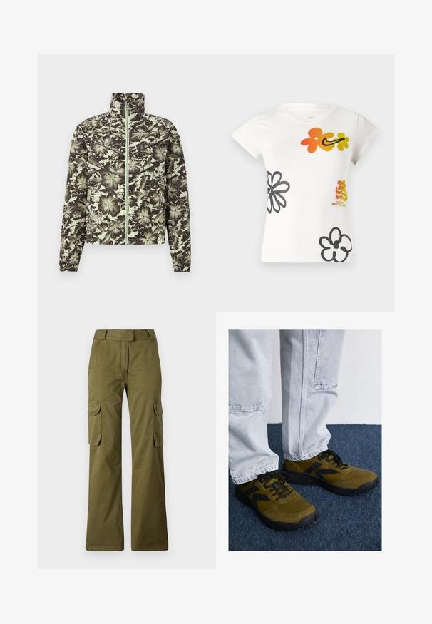 Veste à motif floral dans des tons de vert doux et de noir, avec un col montant, une fermeture éclair à l'avant et des poignets élastiqués pour une silhouette ajustée.; T-shirt blanc à manches courtes avec des motifs floraux colorés en orange, jaune et noir. Fabriqué en un doux mélange de coton avec un décolleté en V.; Pantalon cargo vert olive en mélange de coton, avec une coupe droite, deux poches latérales et une fermeture à bouton à la taille.; Baskets vert olive avec des accents noirs, en suède et en maillage, à bout rond et semelles texturées. Associées à un pantalon en denim gris clair.