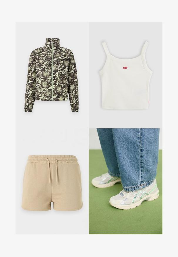 Chaqueta con estampado floral en verde apagado y negro, con cuello alto, cremallera frontal y puños elásticos para un silueta ajustada.; Top corto blanco acanalado con tirantes finos y pequeño logo rojo de Levi's en el centro delantero y en la costura lateral.; Pantalones cortos de algodón beige con cintura elástica y cordón frontal, diseñados para uso informal.; Zapatillas de malla blancas y plateadas con detalles en verde, combinadas con unos vaqueros azules holgados, de pie sobre un suelo de moqueta verde.