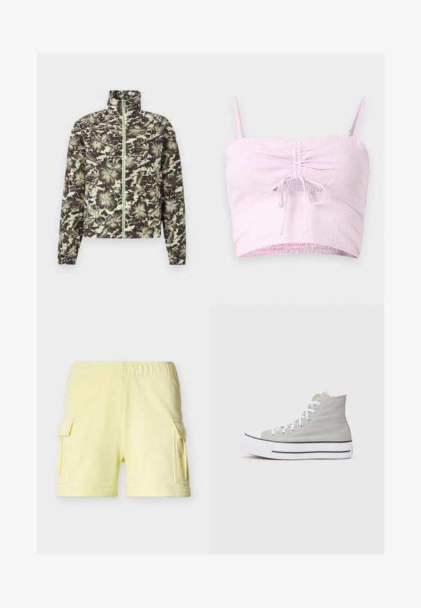 Jasje met bloemmotief in gedempt groen en zwart, voorzien van een staande kraag, rits aan de voorkant en elastische manchetten voor een getailleerde pasvorm.; Lichtroze cropped top met verstelbare spaghettibandjes, gerimpeld voorpand en elastische zoom. De textuur van de stof voegt zachtheid toe.; Lichtgele short met elastische taille, zijzakken met klep en klittenbandsluiting, afgebeeld op een effen witte achtergrond.; Hoge sneakers van lichtgrijs canvas, met witte veters, een witte rubberen zool en een zwarte streep langs de basis.