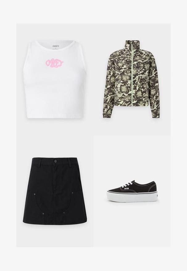 Jasje met bloemmotief in gedempt groen en zwart, voorzien van een staande kraag, rits aan de voorkant en elastische manchetten voor een getailleerde pasvorm.; Witte geribde cropped top met een roze "OBEY" logo in het midden. Ontworpen met een ronde halslijn en zonder mouwen.; Zwarte katoenen rok met een aansluitende tailleband, knoopsluiting aan de voorkant, twee gebogen voorkeurs zakken en versterkte stiksels langs de naden.; Zwarte canvas sneaker met een witte rubberen platformzool, voorzien van witte veters en stiksels, iconische branding op de zijkant, low-top ontwerp.