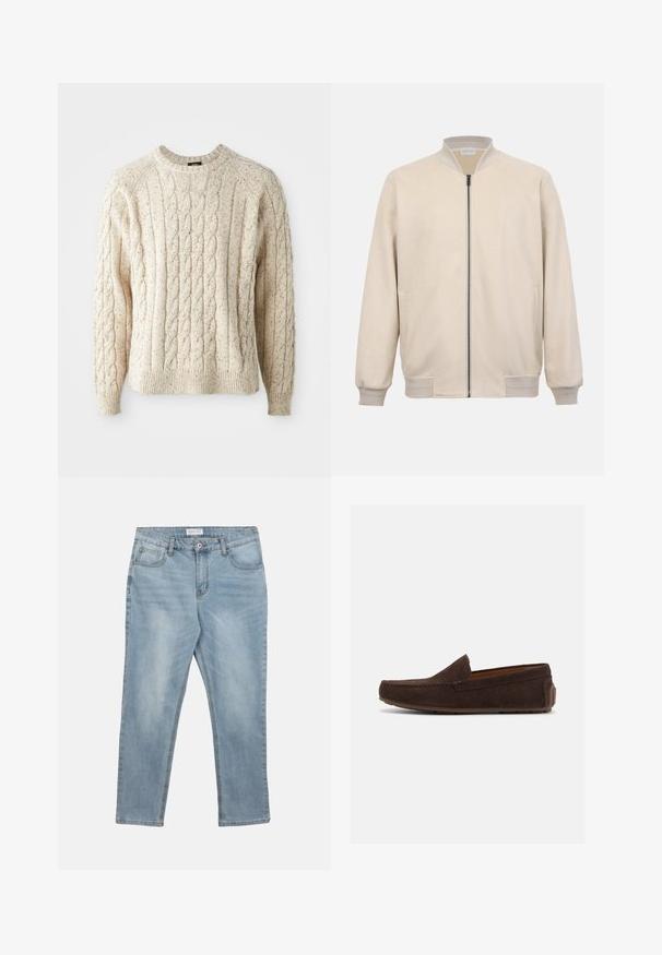 Beige Bomberjacke mit Frontreißverschluss, geripptem Kragen, Bündchen und Bund, seitlichen Taschen und glatter Textur.; Cremfarbener Kabelstrickpullover mit Rundhalsausschnitt, strukturiertem Muster und gerippten Bündchen und Saum. Hergestellt aus weicher, dicker Wolle.; Hellblaue Denim-Jeans mit Frontknopf und Reißverschluss, Gürtelschlaufen und fünf Taschen, flach auf weißem Hintergrund liegend.; Dunkelbrauner Veloursleder-Slipper mit niedrigem Absatz, Steppnähten und Gummisohle vor einfachem weißem Hintergrund.