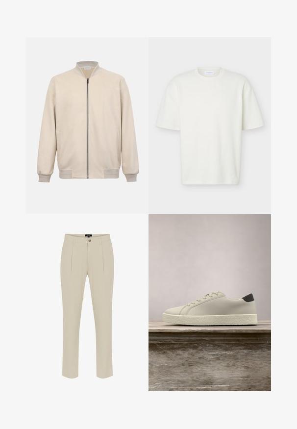 Veste bomber beige avec fermeture éclair à l'avant, col, poignets et taille côtelés, dotée de poches latérales et d'une texture lisse.; T-shirt blanc texturé à manches courtes, col rond, coupe régulière et petite étiquette de marque à l'intérieur du col.; Pantalon beige ajusté avec une texture lisse, doté d'une fermeture à bouton, de plis à l'avant et de jambes fuselées.; Baskets blanches avec semelle texturée et détail noir au talon, flottant au-dessus d'un banc en bois avec de hautes herbes vertes en arrière-plan.