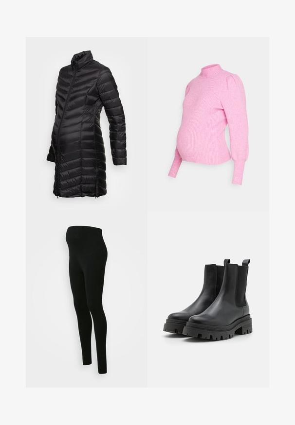 Anna Field MAMA Wintermantel - black; Roze geribbelde gebreide trui met een hoge kraag, puffmouwen en een aansluitende zoom. Ontworpen voor een zwangere silhouet. Zachte textuur.; Zwarte zwangerschapsleggings met een hoge, ondersteunende tailleband, een gladde textuur, een aansluitend ontwerp en zonder zichtbare patronen of versieringen.; Zwarte leren enkellaarzen met elastische zijpanelen, dikke rubberen zool en een robuuste platformontwerp. Voorzien van trekbanden voor eenvoudig aan- en uittrekken.