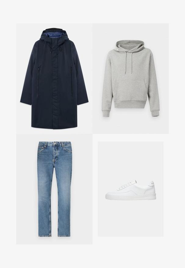 Parka imperméable marine avec capuche amovible, poches zippées à l'avant et doublure intérieure lisse. Présente une coupe droite et un design minimaliste.; Hoodie en coton gris avec une poche avant, un capuchon avec cordon, des poignets et un ourlet côtelés. Texture lisse, design décontracté et coupe ample.; Jean en denim bleu clair avec une coupe droite, cinq poches et une fermeture à glissière. Détails de décoloration et de couture distincts.; Baskets basses blanches avec un design à lacets, dessus en cuir lisse et semelle épaisse, montrées de profil sur un fond uni.