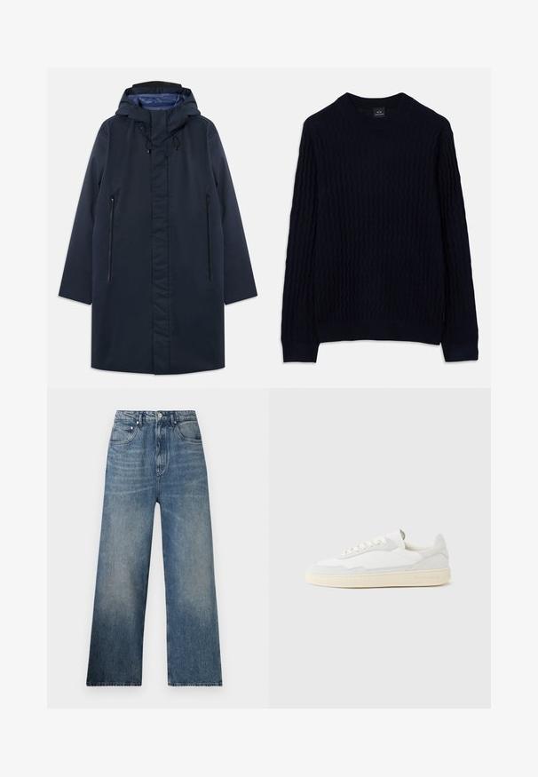 Marineblauwe waterdichte parka met een afneembare capuchon, zijzakken met rits en een gladde voering. Kenmerkt zich door een rechte snit en een minimalistisch ontwerp.; Marineblauwe trui met lange mouwen van Armani Exchange, met een gestructureerd golvend breipatroon en een geribbelde ronde halslijn, manchet en onderrand.; Blauwe denim wijdgerande jeans met een hoge taille, voorzien van subtiele vervaging, vijf zakken en een metalen knoopsluiting aan de voorkant.; Witte sneaker met een bovenwerk van gestructureerd suède en leer. Voorzien van een afgeronde neus, vetersluiting en een contrasterende beige rubberen zool.