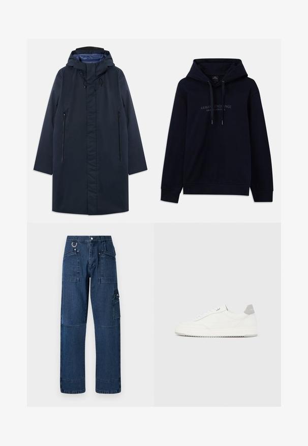 Mørkeblå vandtæt parka med en aftagelig hætte, frontzip-lommer og en glat indvendig foring. Har en lige pasform og et minimalistisk design.; Marineblå hoodie med snoretræk og "Armani Exchange Milano / New York" trykt på brystet, med ribbede manchetter og kant.; Mørkeblå denim cargo bukser med lige snit, der har flere lommer, metalbeslag og kontraststikningsdetaljer.; Hvid lavtop-sneaker med gråt hælflig, hvide snørebånd og tekstureret sål, vist på en ensfarvet lys baggrund.