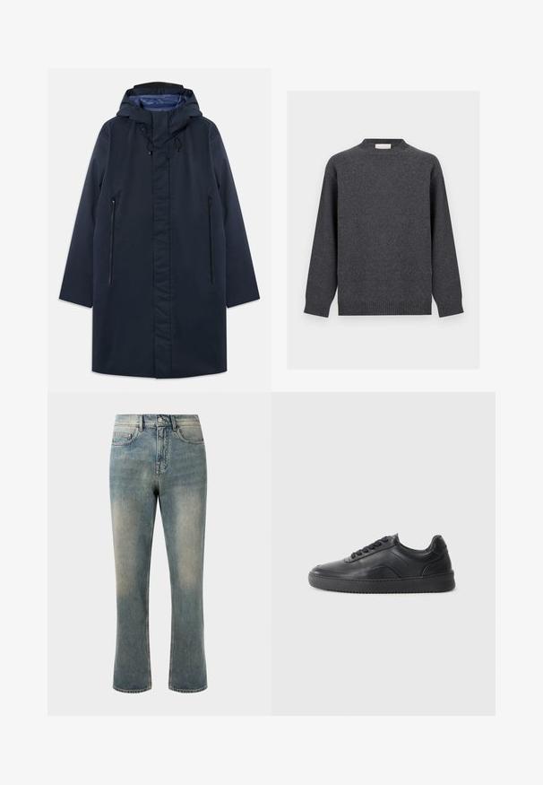 Parka impermeable azul marino con capucha desmontable, bolsillos con cremallera en la parte frontal y un forro interior suave. Presenta un corte recto y un diseño minimalista.; Jersey de cuello redondo gris oscuro con mangas largas, puños, dobladillo y cuello acanalados, presentado sobre un fondo claro y liso.; Jeans de mezclilla azul claro con pierna recta, cintura media y desvanecido sutil. Presenta un estilo clásico de bolsillos y costuras en contraste.; Zapatilla negra de cuero con un acabado suave, punta redondeada, panel lateral texturizado y cordones negros. Presenta una suela de goma plana y un diseño minimalista.