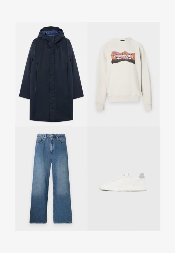 Mørkeblå vandtæt parka med en aftagelig hætte, frontzip-lommer og en glat indvendig foring. Har en lige pasform og et minimalistisk design.; Lysegrå sweatshirt med rund halsudskæring og raglanærmer. Har en farverig bjerggrafik og teksten "EMPORIO ARMANI APRES".; Bredde ben blå denim jeans med et klassisk fem-lomme design, frontlukning med knap og let falming for tekstur.; Hvid lavtop-sneaker med gråt hælflig, hvide snørebånd og tekstureret sål, vist på en ensfarvet lys baggrund.