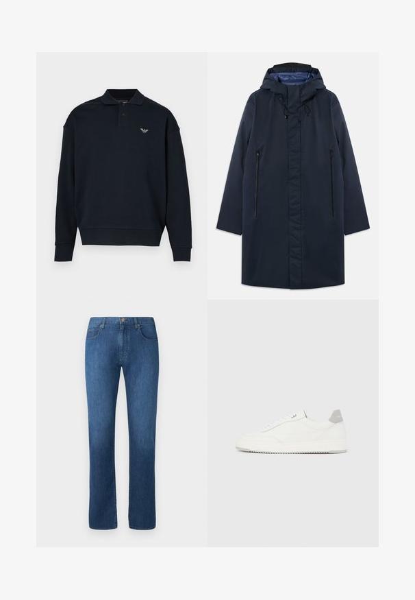 Marineblauer wasserdichter Parka mit abnehmbarem Kapuzenkragen, Vorderreißverschlusstaschen und glattem Innenfutter. Verfügt über einen geraden Schnitt und ein minimalistisches Design.; Marineblauer Pullover mit Kragen, langen Ärmeln, gerippten Bündchen und kleinem Logo auf der linken Brust. Weiche Stoffstruktur.; Dunkelblaue Jeans aus Denim mit geradem Bein, fünf Taschen und einem Frontknopfverschluss. Glatte Textur und klassische Nähdetails.; Weißer Sneaker mit niedrigem Schaft, grauem Fersenlaschen, weißen Schnürsenkeln und einer strukturierten Sohle, dargestellt vor einem schlichten hellen Hintergrund.