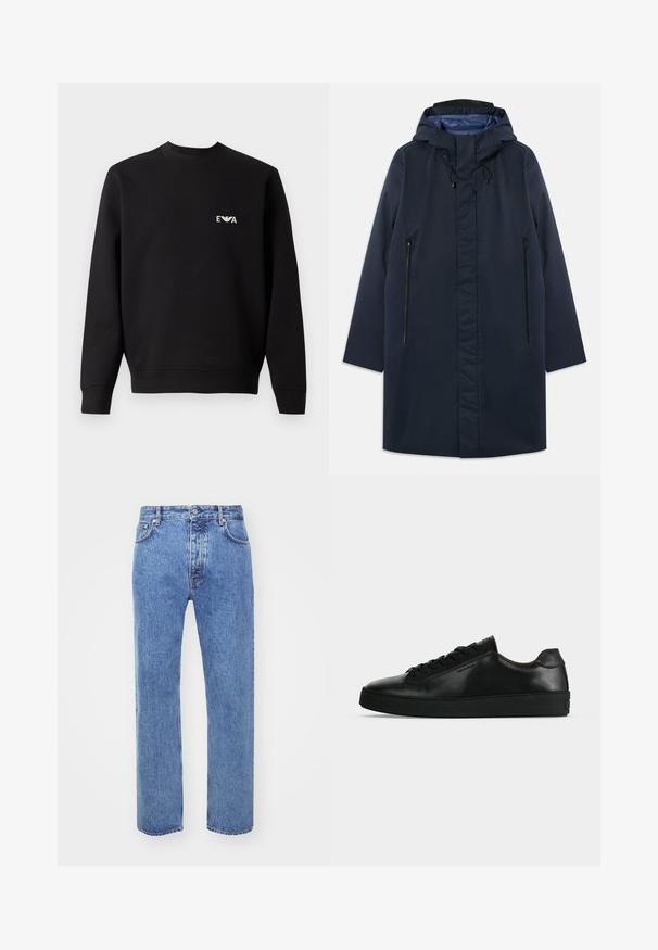 Mørkeblå vandtæt parka med en aftagelig hætte, frontzip-lommer og en glat indvendig foring. Har en lige pasform og et minimalistisk design.; Sort sweatshirt med rund hals, lange ærmer og ribbede manchetter. Har et lille hvidt broderet logo på brystet. Stoffet er en blanding af bomuld.; Won Hundred STEVE - Jeans Relaxed Fit - cut blue; Sort lavtop lædersneaker med sorte snørebånd og en tyk sort sål, vist fra siden på en lysegrå baggrund.