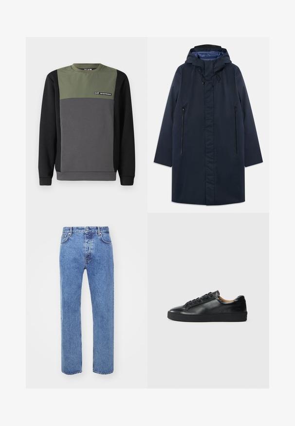 Marineblauer wasserdichter Parka mit abnehmbarem Kapuzenkragen, Vorderreißverschlusstaschen und glattem Innenfutter. Verfügt über einen geraden Schnitt und ein minimalistisches Design.; Sweatshirt in Blockfarben: oberer Bereich in dunkelgrün, mittlerer Bereich in grau und unterer Bereich in schwarz. Mit langen Ärmeln und Rundhalsausschnitt sowie einem Logo-Detail.; Won Hundred STEVE - Jeans Relaxed Fit - cut blue; Schwarze Leder-Sneaker mit glatter Textur, runder Zehenpartie und Schnürverschluss. Verfügt über eine dicke Gummisohle und minimalistische Marken-Details.