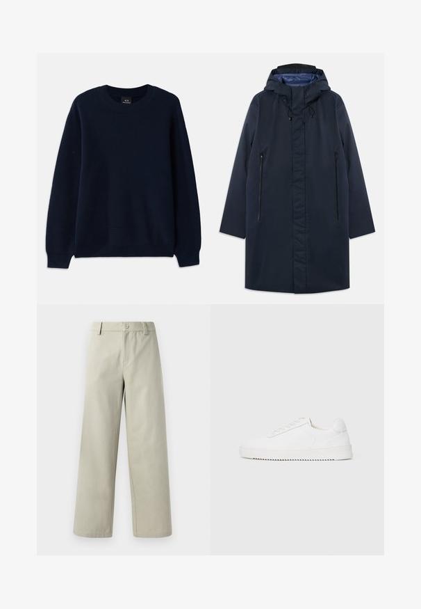 Parka impermeable azul marino con capucha desmontable, bolsillos con cremallera en la parte frontal y un forro interior suave. Presenta un corte recto y un diseño minimalista.; Suéter de canalé azul marino con cuello redondo y mangas largas. Presenta un patrón texturizado en toda la tela.; Han Kjøbenhavn WIDE LEG - Pantalones - light grey; Zapatilla blanca con parte superior de cuero suave, puntera redondeada, cordones, acentos laterales texturizados y suela de goma gruesa. Diseño minimalista.