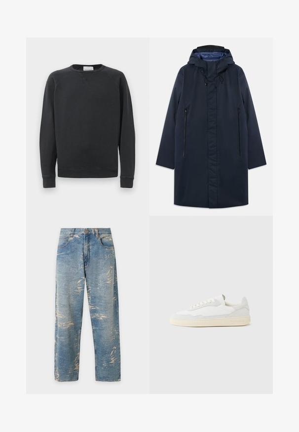 Marineblauwe waterdichte parka met een afneembare capuchon, zijzakken met rits en een gladde voering. Kenmerkt zich door een rechte snit en een minimalistisch ontwerp.; Zwarte lange mouw crewneck sweatshirt met geribbelde manchetten en onderrand, subtiele V-stiksel detail onder de kraag en merklabel aan de binnenkant van de hals.; Lichtblauwe rechtvallende spijkerbroek met een hoge taille en vervaagde, versleten details over de hele stof.; Witte sneaker met een bovenwerk van gestructureerd suède en leer. Voorzien van een afgeronde neus, vetersluiting en een contrasterende beige rubberen zool.