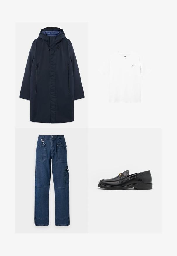 Marineblauwe waterdichte parka met een afneembare capuchon, zijzakken met rits en een gladde voering. Kenmerkt zich door een rechte snit en een minimalistisch ontwerp.; Witte T-shirt met korte mouwen en ronde hals, met een klein rond logo dat een zwarte "W" toont op de linkerkant van de borst.; Donkerblauwe denim cargo broek met een rechte snit, voorzien van meerdere zakken, metalen hardware en contrasterende stiksels.; Zwarte leren instappers met een ronde neus, voorzien van een gouden hardware accent en stikdetails, geplaatst op een lage, getextureerde rubberen zool.