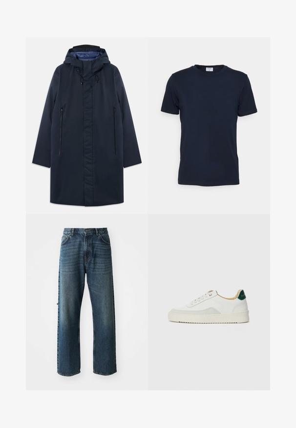 Mørkeblå vandtæt parka med en aftagelig hætte, frontzip-lommer og en glat indvendig foring. Har en lige pasform og et minimalistisk design.; Marineblå crew-neck t-shirt lavet af blødt stof. Korte ærmer med en klassisk pasform, der har et mærke ved halsen. Glat tekstur, minimalistisk design.; NN.07 OTIS - Jeans Straight Leg - stonewashed; Hvide sneakers med ruskindsdetaljer, rund tå, flade snørebånd og en cremet gummisål. Har grøn branding på hælen.