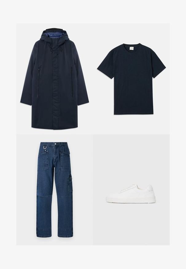 Marineblauer wasserdichter Parka mit abnehmbarem Kapuzenkragen, Vorderreißverschlusstaschen und glattem Innenfutter. Verfügt über einen geraden Schnitt und ein minimalistisches Design.; Ein einfarbiges, dunkelblaues Kurzarm-T-Shirt mit Rundhalsausschnitt und kleinem eingeprägtem Logo nahe dem unteren Saum.; Dunkelblaue Denim-Cargo-Hosen mit geradem Schnitt, ausgestattet mit mehreren Taschen, metallischen Beschlägen und Kontrastnähten.; Weißer Sneaker mit einem Obermaterial aus glattem Leder, abgerundetem Zehenbereich, Schnürsenkeln, strukturierten seitlichen Akzenten und einer dicken Gummisohle. Minimalistisches Design.