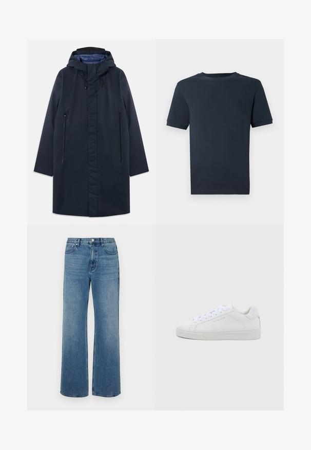 Marineblauwe waterdichte parka met een afneembare capuchon, zijzakken met rits en een gladde voering. Kenmerkt zich door een rechte snit en een minimalistisch ontwerp.; Donkerblauwe katoenen t-shirt met korte mouwen, ronde hals en een klein, gestructureerd logo op de linkerborst. Gladde stofafwerking.; Brede blauwe jeans van denim met een verouderde afwerking. Heeft vijf zakken, een sluiting met vooraan knoop en een rechte snit.; Witte leren lage sneakers met een ronde neus, platte veters, een gestructureerde zool en subtiele gouden branding aan de zijkant. Gladde oppervlakte en minimalistisch ontwerp.