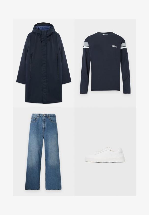 Parka impermeable azul marino con capucha desmontable, bolsillos con cremallera en la parte frontal y un forro interior suave. Presenta un corte recto y un diseño minimalista.; Camiseta de manga larga azul marino en tejido de algodón con cuello redondo, una raya blanca y gris en las mangas y un pequeño detalle de logo en el pecho.; Jeans de denim azul de pernera ancha con un diseño clásico de cinco bolsillos, cierre frontal con botón y un ligero desgastado para dar textura.; Zapatilla blanca con parte superior de cuero suave, puntera redondeada, cordones, acentos laterales texturizados y suela de goma gruesa. Diseño minimalista.