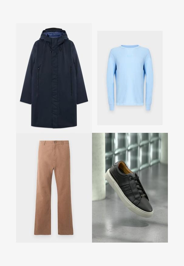 Marineblauer wasserdichter Parka mit abnehmbarem Kapuzenkragen, Vorderreißverschlusstaschen und glattem Innenfutter. Verfügt über einen geraden Schnitt und ein minimalistisches Design.; Hellblaues langärmeliges Sweatshirt aus Rippstrick mit Rundhalsausschnitt und gesticktem "GAP"-Logo auf der Vorderseite. Eng anliegende Bündchen und Saum.; Braune, gerade geschnittene Hosen aus Baumwolle. Mit einem Knopfverschluss, Fronttaschen und sichtbaren Nähten entlang der Nähte.; Schwarze Ledersneaker mit gewebter Struktur, Schnürdesign und weißer Gummisohle. Innen mit einem beigen Innenfutter und dezentem Logodetail versehen.