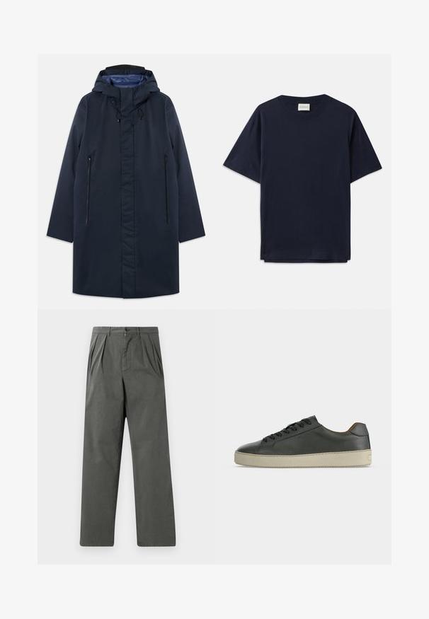 Parka imperméable marine avec capuche amovible, poches zippées à l'avant et doublure intérieure lisse. Présente une coupe droite et un design minimaliste.; T-shirt en coton bleu marine à manches courtes, col rond et coupe décontractée. L'étiquette indique "CLOSED" au niveau du col. Texture lisse.; Pantalons légers plissés en coton gris foncé avec une coupe droite. Comprend une fermeture à bouton à l'avant et des passants de ceinture.; Baskets basses en cuir noir avec lacets noirs et semelle en caoutchouc écrue, vues de côté extérieur sur fond blanc.