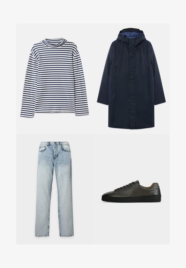 Marineblauwe waterdichte parka met een afneembare capuchon, zijzakken met rits en een gladde voering. Kenmerkt zich door een rechte snit en een minimalistisch ontwerp.; CLOSED TURTLE NECK - Longsleeve - dark night; Lichtblauwe gewassen rechte denim jeans met voorzakken en knoopsluiting, plat uitgestald op een witte achtergrond.; Donkergrijze leren lage sneaker met zwarte veters en zool, minimalistisch ontwerp, zijaanzicht op een effen lichte achtergrond.