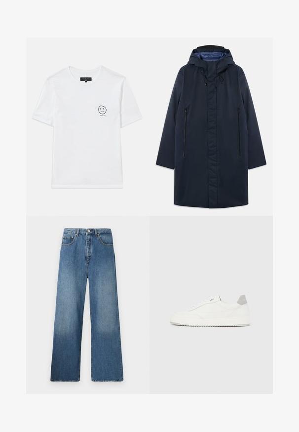 Parka imperméable marine avec capuche amovible, poches zippées à l'avant et doublure intérieure lisse. Présente une coupe droite et un design minimaliste.; T-shirt en coton blanc avec un col rond et des manches courtes. Un petit graphique noir d'un smiley avec des yeux en 'x' sur le côté gauche de la poitrine.; Jean en denim bleu à jambes évasées avec un design classique à cinq poches, fermeture à bouton à l'avant et légères décolorations pour ajouter de la texture.; Baskets basses blanches avec un onglet de talon gris, des lacets blancs et une semelle texturée, présentées sur un fond uni clair.