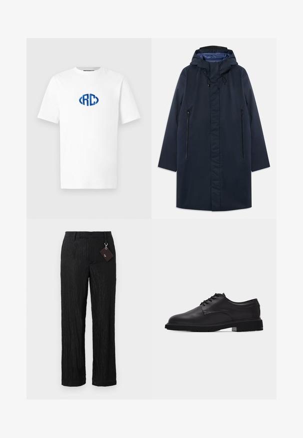 Marineblauwe waterdichte parka met een afneembare capuchon, zijzakken met rits en een gladde voering. Kenmerkt zich door een rechte snit en een minimalistisch ontwerp.; Witte T-shirt met korte mouwen en een blauw geborduurd "RC" logo midden op de borst.; Zwarte, geprofileerde, wijde broek met een gladde afwerking en zichtbare naden; inclusief een label bevestigd met een metalen lus.; Zwarte leren veterschoen voor heren met gladde afwerking en dikke rubberen zool, zijaanzicht op witte achtergrond.