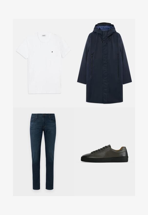 Marineblauer wasserdichter Parka mit abnehmbarem Kapuzenkragen, Vorderreißverschlusstaschen und glattem Innenfutter. Verfügt über einen geraden Schnitt und ein minimalistisches Design.; Weißes Baumwoll-T-Shirt mit Rundhalsausschnitt und kurzen Ärmeln. Verfügt über ein kleines schwarzes "D"-Logo auf der linken Brustseite.; Dunkelblaue Slim-Fit-Jeans mit fünf Taschen, Knopf- und Reißverschluss vorne, vor einem weißen Hintergrund präsentiert.; Niedriger dunkelgrauer Ledersneaker mit schwarzen Schnürsenkeln und Sohle, minimalistisches Design, Seitenprofil vor einem schlichten hellen Hintergrund.