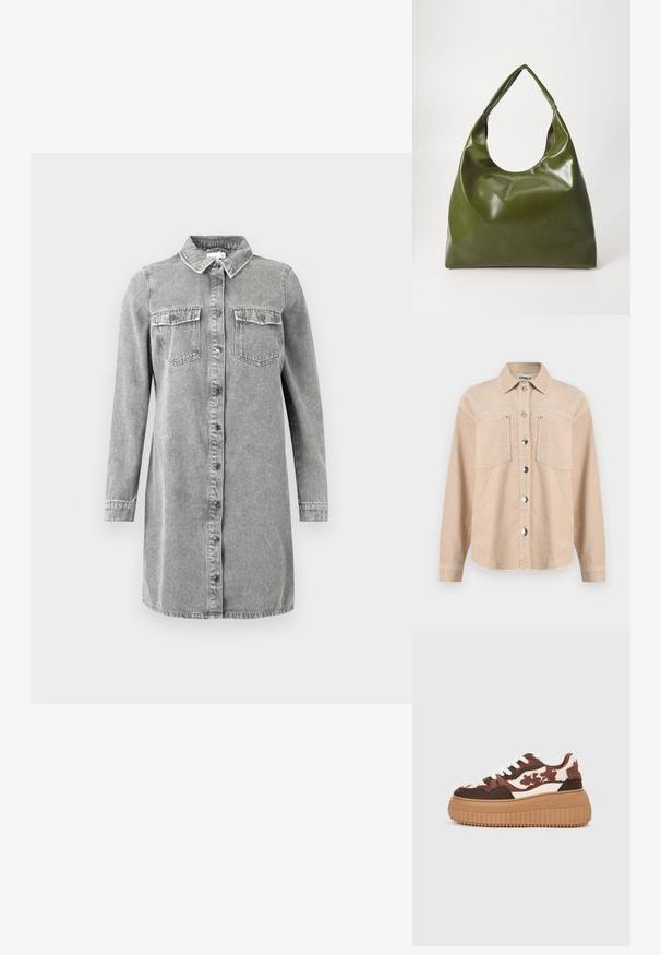 Beige kordfløjlsjakke med knapper, to brystlommer og klassisk krave, lange ærmer og metaltrykknapper foran.; Grå denim skjortekjole med krave, lange ærmer, knaplukning foran og to brystlommer. Har en afslappet, lige pasform.; Platform sneakers med et brunt og cremefarvet camouflage-mønster, kontrasterende lysebrune såler og hvide snørebånd. Overdelen har blandede materialer og teksturer.; Grøn læder hobo taske med en slouchy design, buet håndtag og glat tekstur. Indeholder ingen synlig hardware eller accenter.