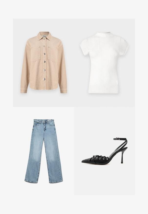 Beige väriin puuvillainen corduroy-nappi takki, jossa on kaksi rintataskua, klassinen kaulus, pitkät hihat ja metalliset tarranapit edessä.; Valkoinen ribbineulottu lyhythihainen paita, jossa korkea kaula-aukko. Pehmeä pinta, vartalonmyötäinen leikkaus ja hienovaraiset pystysuuntaiset raidat. Saumaton hartian alue.; Vaaleansiniset korkeat vyötäröiset leveälahkeiset farkut, joissa on nappi- ja vetoketjusuljenta, edessä ja takana taskut sekä vyölenkit.; Musta teräväkärkinen korkokengät, joissa on aaltoilevat reunat, metalliset reiät, edessä nauhat ja nilkkaremmi solkikiinnityksellä.