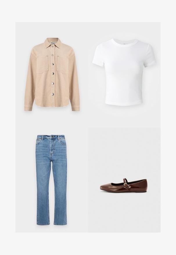 Veste beige en velours côtelé à boutons, avec deux poches poitrine, un col classique, des manches longues et des boutons-pression en métal à l'avant.; T-shirt courte à manches courtes, blanche, avec un col rond, présentée sur un fond neutre et lumineux.; Jean en denim bleu clair avec une coupe droite, cinq poches, fermeture à bouton à l'avant et décoloration subtile sur le tissu.; Ballerine en cuir verni marron avec un bout carré et une lanière ornée d'une petite boucle dorée. Texture lisse, talon bas et design minimaliste.