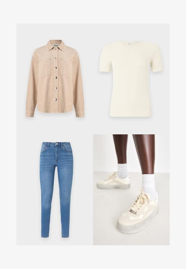 Chaqueta beige de pana con botones, dos bolsillos en el pecho, cuello clásico, mangas largas y botones de presión metálicos en la parte delantera.; Top de manga corta con cuello redondo, color crema y acanalado, con un ajuste ceñido, presentado sobre un fondo claro y sencillo.; Jeans pitillo de cintura alta de color azul claro con cinco bolsillos, cierre de botón y sutil desgaste en muslos y rodillas.; Zapatillas beige con detalles de cuero suave y ante, suela de goma gris, patrones texturizados y un logo metálico de la marca en el lateral.