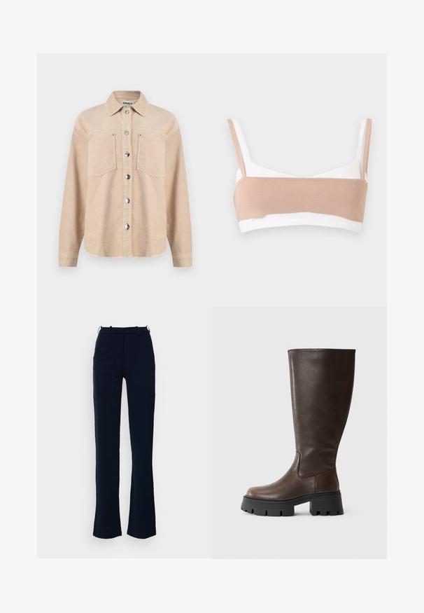 Beige kordfløjlsjakke med knapper, to brystlommer og klassisk krave, lange ærmer og metaltrykknapper foran.; Sømløs hvid bralette med bred, lysebeige strikket bånd over fronten og matchende beige skulderstropper på ensfarvet baggrund.; Marineblå bukser med lige ben design, lavet af et glat stof, med bæltestropper og lynlås foran.; Brune knæhøje støvler lavet af glat syntetisk læder, med en kraftig sort platformsål og minimal syning for et elegant design.