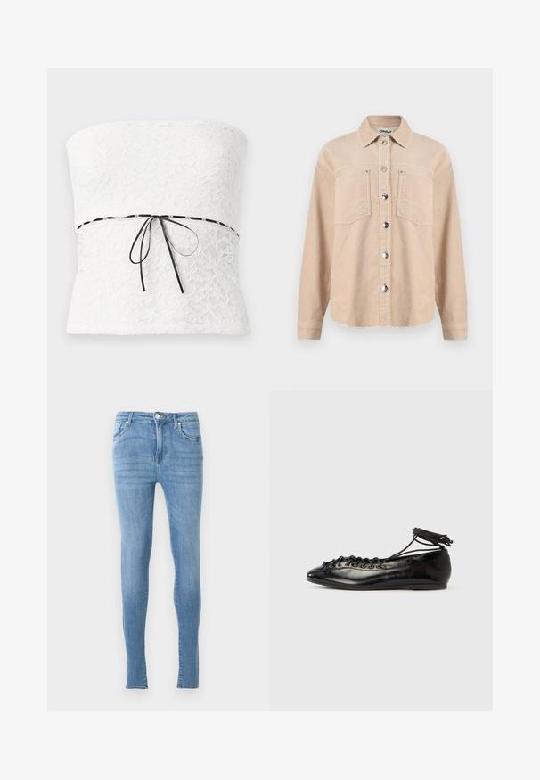 Chaqueta beige de pana con botones, dos bolsillos en el pecho, cuello clásico, mangas largas y botones de presión metálicos en la parte delantera.; Top sin tirantes de encaje blanco con un patrón floral y un lazo negro en la cintura, que muestra un acabado texturizado.; Vaqueros pitillo azul claro con cierre de botón y cremallera frontal, bolsillos delanteros y traseros, mostrados sobre un fondo blanco liso.; Zapatos planos tipo ballet de charol negro con punta redondeada, diseño con cordones y suela plana. Textura lisa con detalles mínimos.