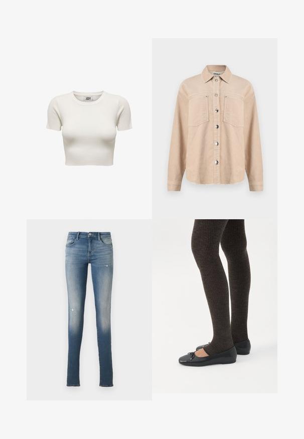Veste beige en velours côtelé à boutons, avec deux poches poitrine, un col classique, des manches longues et des boutons-pression en métal à l'avant.; Crop top court crème à manches courtes en tissu côtelé avec col rond et étiquette de marque JDY à l'intérieur du col, présenté sur fond blanc.; Jean skinny bleu délavé avec des détails légèrement usés sur les cuisses et un design cinq poches, présenté sur un fond clair uni.; Jambes portant des leggings côtelés foncés associés à des ballerines noires avec de petits détails en nœud sur fond blanc.