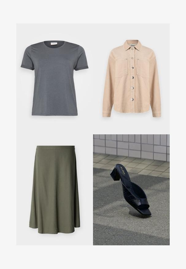 Beige Cordjacke aus Kord mit zwei Brusttaschen, klassischem Kragen, langen Ärmeln und Metall-Druckknöpfen vorne.; Graues kurzärmliges T-Shirt aus weichem Material mit klassischem Rundhalsausschnitt und aufgerollten Ärmeln. Glatte Textur ohne sichtbare Muster.; Olivgrüner A-Linien-Midirock mit tailliertem Bund und mittiger Nahtdetail, präsentiert vor einem schlichten hellen Hintergrund.; Schwarze Mule-Sandalette mit Krokodilprägung, eckiger Zehenpartie und Blockabsatz, liegend auf strukturiertem Boden nahe einer gefliesten Wand.