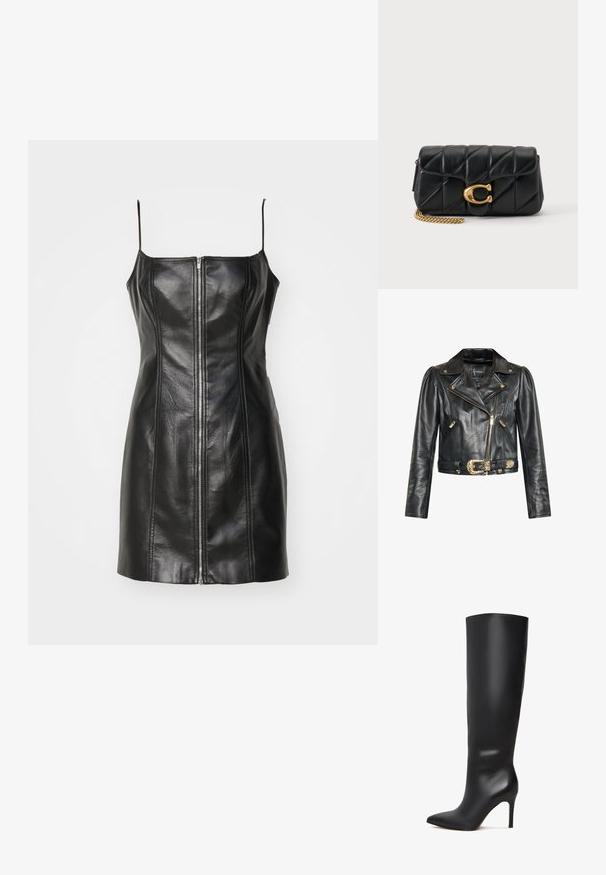 Veste cropped en cuir noir avec accessoires en or, taille ceinturée, poches angulaires et col à revers avec fermeture éclair.; Robe sans manches en cuir noir avec une silhouette ajustée, fermeture éclair à l'avant et détails de couture verticaux. Texture lisse. Longueur courte.; Botte en cuir noir, montante, à talon aiguille, avec un bout pointu et une surface lisse et élégante. Elle dispose d'un talon haut et fin pour une silhouette élancée.; Pochette en cuir noir matelassé avec chaîne en métal doré et grande fermeture avec logo « C » doré sur le rabat avant.