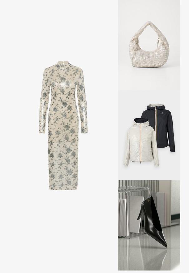 To letvægts hættetrøjer med lynlåse foran, en i lysebeige og en i sort, vist mod en ensfarvet baggrund.; Langærmet kjole i cremefarve med metalliske sølvfarvede blomster-øreringe, høj halsudskæring og lige silhuet, der når midt på læggen. Lynlås lukning bagpå.; Sort højhælet sko med spids tå og guldlogo, placeret på en reflekterende overflade nær en krom trådfilholder med dokumenter.; Sølv mesh håndtaske med en rund form, tekstureret overflade og en buet håndtag. Har kæde detaljer og en blød, sammenfoldet krop.