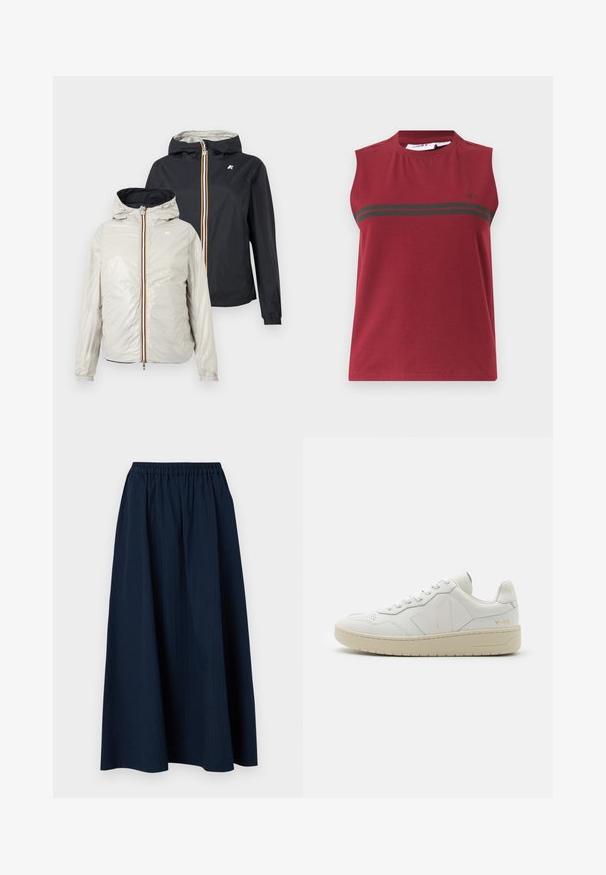 To letvægts hættetrøjer med lynlåse foran, en i lysebeige og en i sort, vist mod en ensfarvet baggrund.; Ærmeløs sports-tanktop i mørkerød med to vandrette sorte striber over brystet og lille sort logo på venstre side.; Mørkeblå, lang nederdel lavet af tekstureret stof med elastisk talje og subtile lodrette striber.; Hvide lædersneakers med perforeret tåboks, kontrasterende beige gummisål og logoer på siden og hælen. Minimalistisk design.