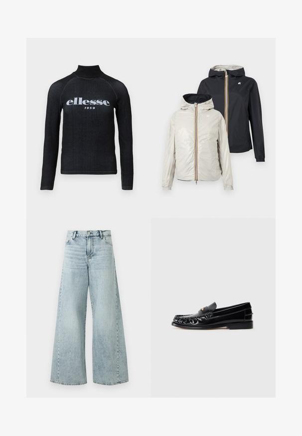 To letvægts hættetrøjer med lynlåse foran, en i lysebeige og en i sort, vist mod en ensfarvet baggrund.; Sorte langærmet top med høj krave, udstyret med et hvidt trykt "ellesse 1959" logo over brystet; glat, strækbart stof.; Lysblå denim bukser med bred ben og høj talje, med knaplukning, fem lommer og frynset kant.; Sorte læder loafers med rund tå, dekorativ sying og en lille gul accent på vampen. Flad gummisål, slankt design.