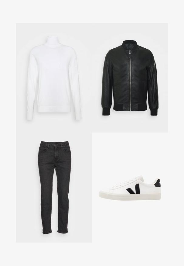 Blouson aviateur en cuir noir avec fermeture zippée devant, poignets et col côtelés. Doté d'une poche latérale zippée. Texture lisse.; Pull à col roulé blanc avec des manches longues, fabriqué en tissu lisse. Présente un design ajusté et des poignets et un ourlet côtelés. Pas de motifs ni d'accents.; Jean en denim noir avec une coupe ajustée, comportant cinq poches, des passants de ceinture et des détails de couture subtils. Texture usée sur le tissu.; Sneaker blanche en cuir avec des accents en daim noir ; dispose d'une semelle en caoutchouc, d'un bout rond et d'un design classique à lacets. Logo latéral en noir.