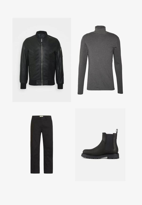 Blouson aviateur en cuir noir avec fermeture zippée devant, poignets et col côtelés. Doté d'une poche latérale zippée. Texture lisse.; Chemise à col roulé gris à manches longues en tissu doux, au design ajusté et avec des détails de couture minimalistes autour du cou et des poignets.; Chinos noirs en tissu coton lisse, design à jambes droites, poches avant et fermeture à un bouton. Pas de motifs ou d'accents visibles.; Bottines Chelsea en cuir noir avec des panneaux latéraux élastiques, une languette de traction et une semelle en caoutchouc texturée pour une bonne adhérence. Design épuré et finition discrète.