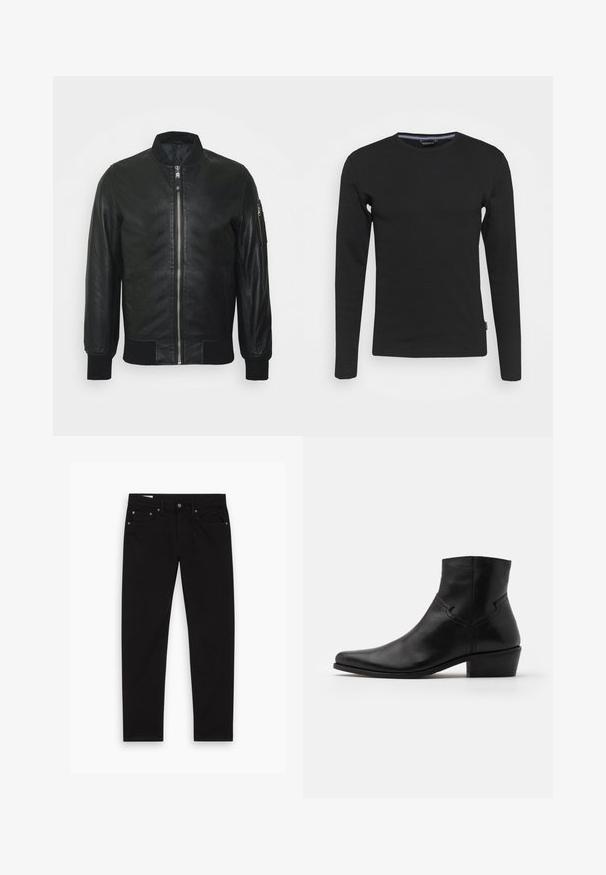 Schwarze Leder-Bomberjacke mit einem vorderen Reißverschluss, gerippten Bündchen und Kragen. Verfügt über eine Seitentasche mit Reißverschluss. Glatte Textur.; Lindbergh O-NECK - Langarmshirt - black; Schwarze gerade Jeans mit Vorder- und Gesäßtaschen, Gürtelschlaufen sowie einem Knopf- und Reißverschluss, flach auf einem weißen Hintergrund ausgelegt.; Schwarze Leder-Ankle-Boots mit spitzer Zehenpartie, minimalen Nähdetails, einem mittelhohen Blockabsatz und einer glatten, polierten Oberfläche.