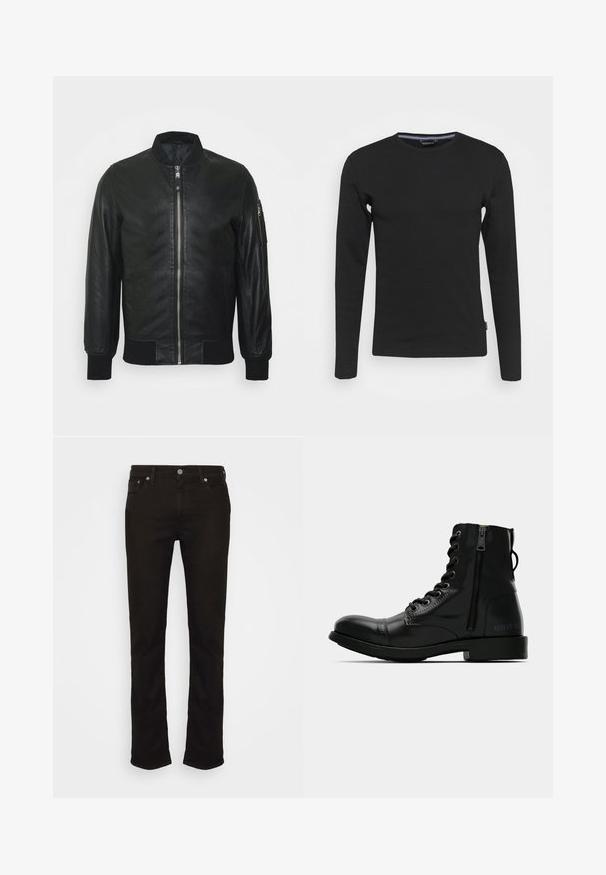 Zwarte leren bomberjack met een ritssluiting aan de voorkant, geribbelde manchetten en kraag. Voorzien van een zijzak met rits. Gladde textuur.; Lindbergh O-NECK - Longsleeve - black; Zwarte spijkerbroek van denim met een rechte pijp, voorzien van een klassiek vijf-pocket ontwerp, metalen knoopsluiting en subtiele stikdetails.; Zwarte leren enkellaars met een ronde neus, vetersluiting aan de voorkant, zijrits en platte zool. Bevat reliëfbranding op de hak.