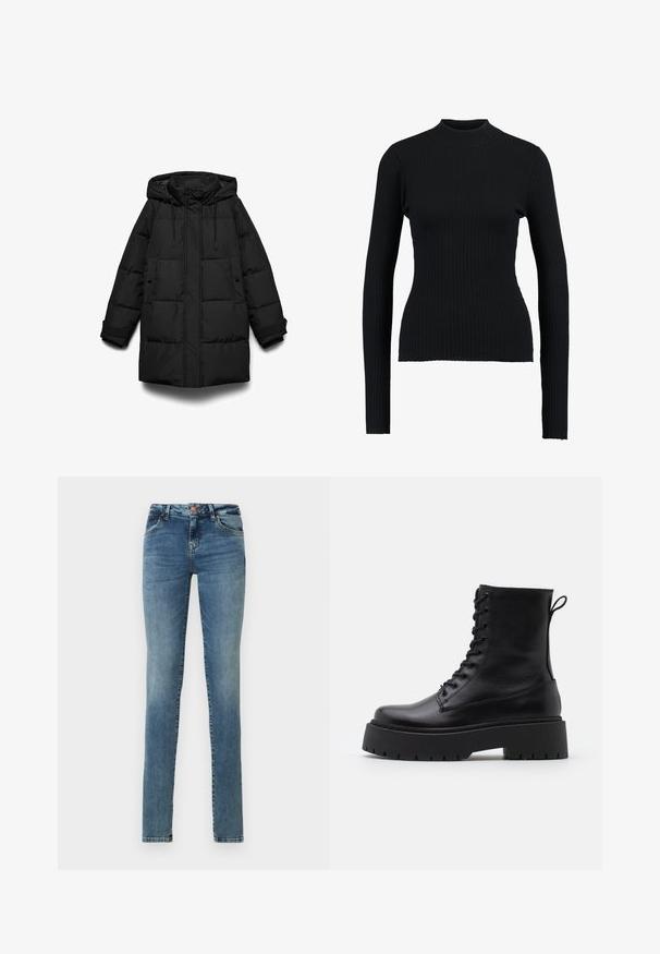 Manteau matelassé noir avec capuche, présentant des sections matelassées, une fermeture éclair frontale, deux poches latérales et des cordons ajustables.; Pull à col roulé noir à côtes, avec manches longues et une coupe ajustée, présentant une texture lisse et une silhouette structurée.; Jeans skinny en denim bleu clair, avec une fermeture à bouton, cinq poches, un léger délavage et un design classique.; Bottines en cuir noir avec un bout rond, un laçage à l'avant et une épaisse semelle en caoutchouc dotée d'un motif texturé. Tirer au dos.