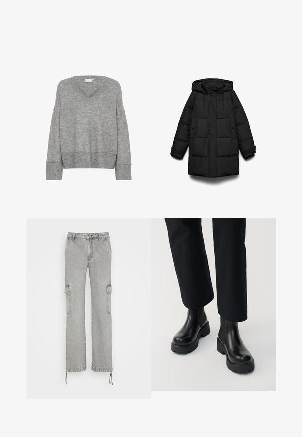 Abrigo acolchado negro con capucha, con secciones acolchadas, cremallera frontal, dos bolsillos laterales y cordones ajustables.; Suéter gris de punto con escote en V, corte oversized, mangas anchas y puños acanalados. Textura suave; diseño sin costuras, sin patrones ni adornos.; Gina Tricot CARGO LOOSE - Vaqueros boyfriend - grey; Persona que lleva botas de tacón grueso de cuero negro combinadas con pantalones negros de pierna recta sobre un fondo blanco.