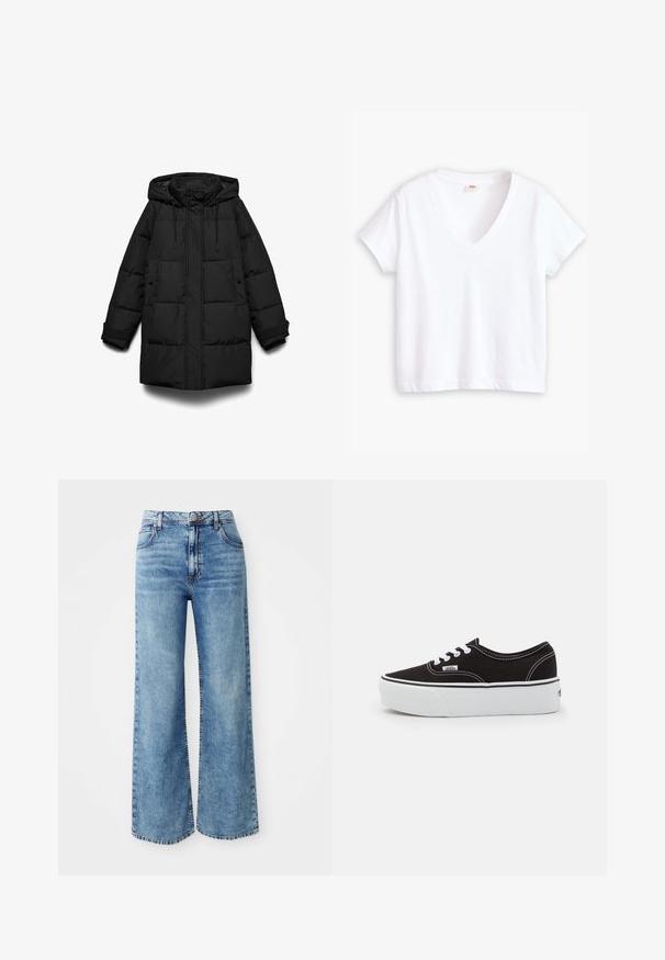 Sort dunjakke med hætte, der har quiltede sektioner, en frontlynlås, to sidelommer og justerbare snore.; Hvid bomulds t-shirt med v-hals, korte ærmer og lige kant. Blød tekstur, minimalistisk design, ingen mønstre eller detaljer.; Lysblå denim bredbente jeans med høj talje, der har fem lommer, knaplukning øverst og kontrastsyninger langs sømmene.; Sort lærred sneakers med en hvid gummi platform sål, der har hvide snørebånd og syninger, ikonisk branding på siden, lav-top design.
